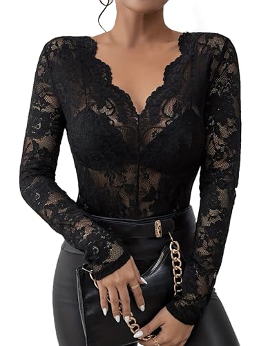 Adigau Damen Sexy Spitze Oberteil See Through Mesh Top V Ausschnitt Elegant Spitzenbluse Blumenmuster Formende Schnitt Party Alltag Schwarz S Adigau Damen Sexy Spitze Oberteil See Through Mesh Top V Ausschnitt Elegant Spitzenbluse Blumenmuster Formende Schnitt Party Alltag Schwarz S von Adigau