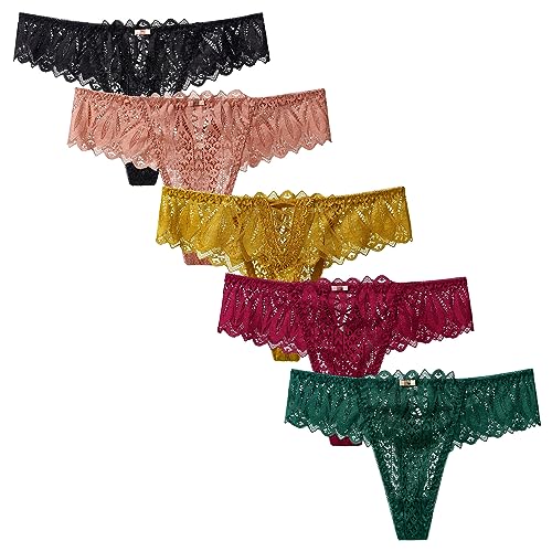 Adigau Damen Sexy String Tanga Dessous Niedrige Taille Unterhosen Unterwäsche Spitze Slips Bogenknoten Frauen Bikini Panty Sexy Thongs 5er Mehrpack von Adigau