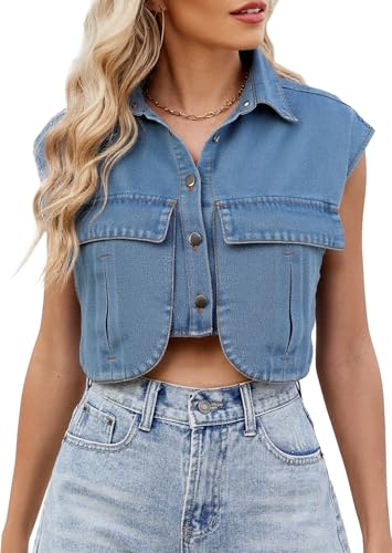 Adigau Damen Sommer Denim Jacke Jeansweste Ärmellos Denim Weste mit Taschen Kurz Jeansjacke Leichte Sommerjacke Locke Polokragen Freizeitwesten Streetwear Blau L von Adigau