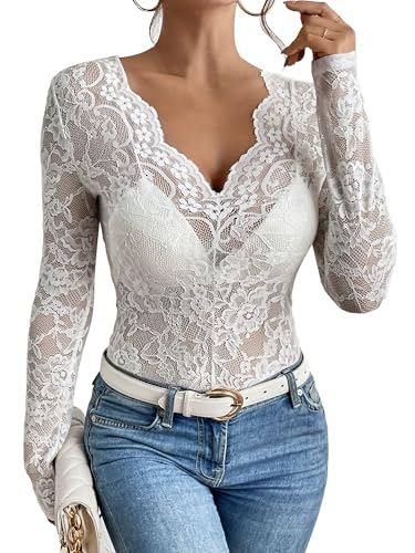 Adigau Damen Spitze Oberteil Sexy Mesh Top Basic Transparent Langarmshirt Y2k V Neck Bluse mit Floral Party Outfit Weiß S von Adigau