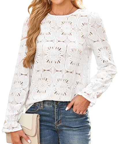 Adigau Damen Spitzen Bluse Lässig Rundhalsausschnitt Langarmshirt Elegant Oberteil Hohles Spitzenoberteil mit Blumenmuster Einfarbig Langarm T Shirt Leicht Spitzenshirt Weiß XXL von Adigau