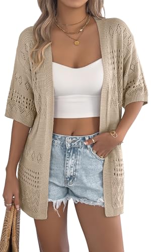 Adigau Damen Strickjacke Sommer Kurzarm Cardigan Leicht Lässig Oberteile Atmungsaktiv Lockere Strickjacken Elegant Hohle Sommerjacke Frühling und Herbst Urlaub Khaki M von Adigau