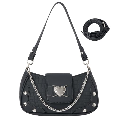 Adigau Damen Umhängetasche Retro crossbody bag Y2K Handtasche Lässige Schultertasche Elegante Kleine Tasche Unterarmtasche mit Metallkette für Alltag Party Einkaufe Schwarz von Adigau