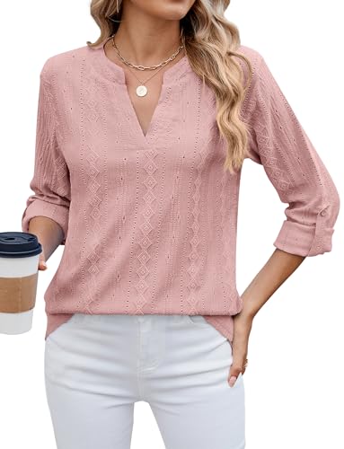 Adigau Damen V Ausschnitt Blusen 3/4 Ärmel Bluse Elegant Shirt Lässig Longbluse Langarm Oberteile Einfarbig Longshirt Leicht Kleidung Locker Hemd für Frühling Herbst Dunkelrosa M von Adigau
