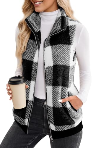 Adigau Damen Weste Fleece mit Reissverschluss Taschen Stehkragen Fleeceweste Ärmellos Jacke für Frauen Karo Warm Klassisch Basic für Arbeit Abhängen Outdoor Schwarz 3XL von Adigau