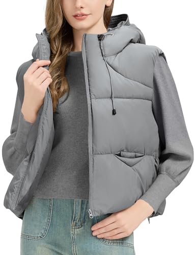 Adigau Damen Weste Leichte Ärmellos Jacke Lässig Zipper Winddicht Winterjacke mit Taschen Winter Kurze Einfarbige Kapuzenweste Warme Weste Grau XL von Adigau