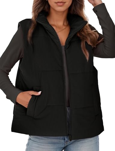 Adigau Damen Winter Cordweste Lässig Einfarbig Zipper Winddicht Winterjacke mit Taschen Leichte Stehkragen Ärmellos Cordjacke Elegant Mittellange Warme Weste Schwarz M von Adigau