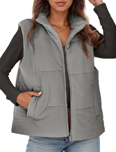 Adigau Damen Winter Cordweste Leichte Stehkragen Ärmellos Cordjacke Elegant Mittellange Warme Weste mit Taschen Lässig Einfarbig Zipper Winddicht Winterjacke Grau M von Adigau