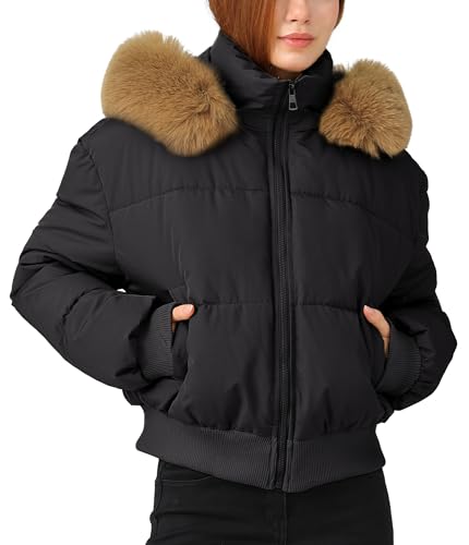 Adigau Damen Winterjacke Elegant Kurz Einfarbige Wintermantel Warme Steppjacke mit Kapuze Winddichte Lässige Kapuzenjacke mit Fellkapuze Schwarz M von Adigau