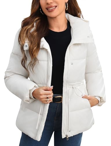 Adigau Damen Winterjacke Elegant Wintermantel Warme Kapuzenjacke Lässig Bequeme Mante Einfarbige Steppjacke mit Kordelzug Leichte Outdoorjacke Weiß L von Adigau