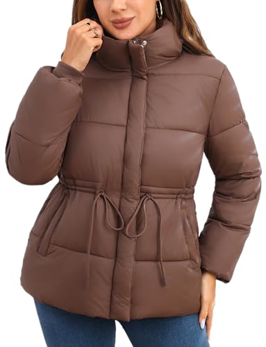 Adigau Damen Winterjacke Leichte Steppjacke Elegant Wintermantel mit Kordelzug Warme Kapuzenjacke Lässig Bequeme Mante Einfarbige Outdoorjacke Braun M von Adigau