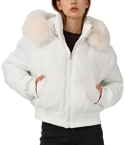 Adigau Damen Winterjacke mit Kapuze Elegant Kurz Einfarbige Wintermantel Warme Steppjacke Winddichte Lässige Kapuzenjacke mit Fellkapuze Weiß M von Adigau