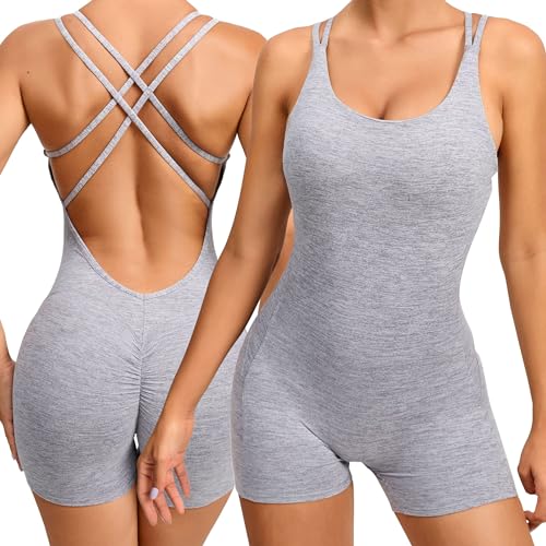 Adigau Damen Yoga Romper Jumpsuits Anzug Rückenfrei Einteiler Onepiece Gerippte Sportswear Set Sport Fahrrad Laufen Fitness Atmungsaktiv Eng Shorts von Adigau