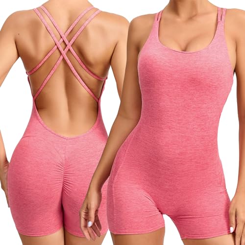 Adigau Damen Yoga Romper Jumpsuits Anzug Rückenfrei Einteiler Onepiece Gerippte Sportswear Set Sport Fahrrad Laufen Fitness Atmungsaktiv Eng Shorts von Adigau