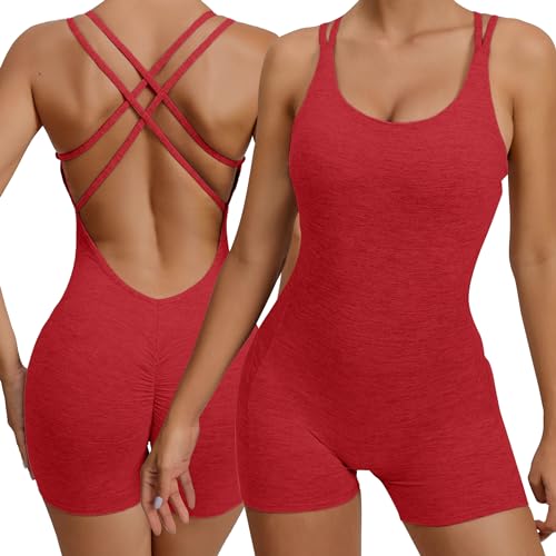 Adigau Damen Yoga Romper Jumpsuits Anzug Rückenfrei Einteiler Onepiece Gerippte Sportswear Set Sport Fahrrad Laufen Fitness Atmungsaktiv Eng Shorts von Adigau