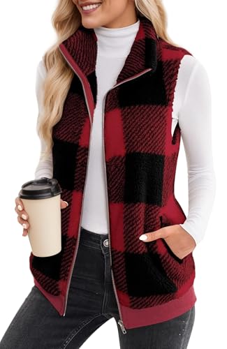 Adigau Damenwesten Ärmellos mit Reissverschluss Taschen Stehkragen Fleeceweste Ärmellos Jacke für Frauen Anzugweste Fleecejacke Herbst Winter Warm Elegant Casual Klassisch Burgunderrot XL von Adigau