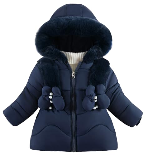 Adigau Daunenmantel für Mädchen Fleecefutter Fellkapuze Steppjacke Puffy Verdickte Winterjacke Niedliche Warm Wintermäntel Blau 2-3 Jahre von Adigau