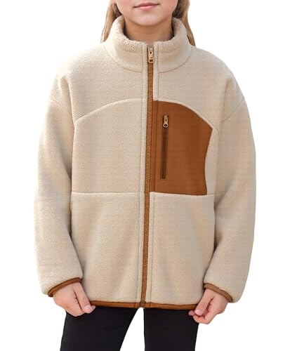 Adigau Fleecejacke für Mädchen Winddichte Sherpa Mäntel Weich Atmungsaktiv Oberbekleidung Einfarbig Lässig Teddyjacke Khaki 10-11 Jahre von Adigau