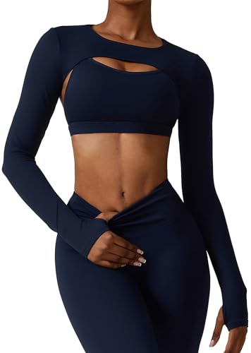 Adigau Frauen Crop Top Langarm Bolero Open Front Workout Cropped Shirts mit Daumenlöchern Bequeme Stretchy Sport Shrug ohne BH Blau S von Adigau