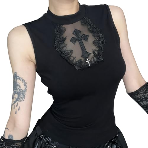 Adigau Frauen Gothic Camisole Y2k Neckholder Top Ärmellos Ausgehen Vest Punk Schulterfrei Oberteil Gothic Kleidung für Büro Urlaub Tiefschwarz L von Adigau