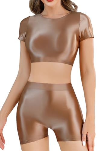 Adigau Glänzend Öliger Bodycon Outfit Set für Frauen Stretch Leichtes Glänzendes Dessous Set Nassoptik Elastischer Slim Fit Kleidungsset Braun L von Adigau
