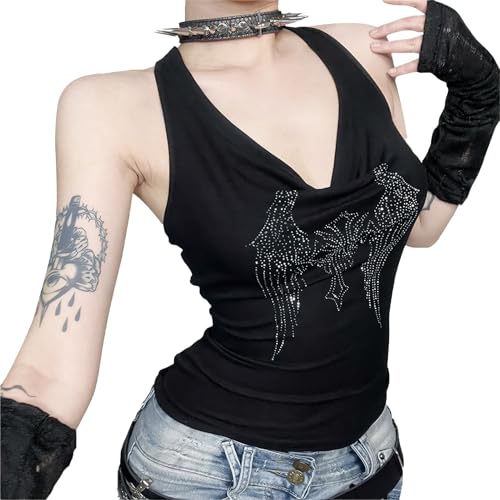 Adigau Gothic Kleidung Damen Crop Tops Sommer Strand Ärmellos Ausgehen Durchbrochene Neckholder Emo Outfit für Ausgehen Outdoor Schwarz M von Adigau