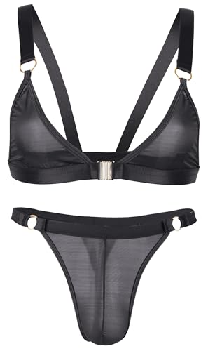 Adigau Herren Dessous Set Sissy Unterwäsche Vorne Offener BH-Oberteil mit Tanga Höschen Männer Reizwäsche Bikini Schlafanzug Schwarz L von Adigau