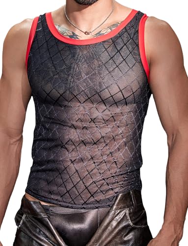 Adigau Herren Muskel Transparent Shirts Ärmellose Netz Unterhemd Tank Top Muskelshirt Unterhemd Unterwäsche Clubwear für Fitnessstudio Gymnastik Schwarz+Rot von Adigau