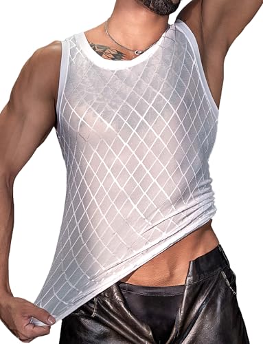Adigau Herren Netz Hemd Transparent Oberteile Ärmellose Unterhemd Atmungsaktiv Tank Top Muskelshirt Rundkragen Netzshirt für Nachtclubs Clubwear Weiß von Adigau