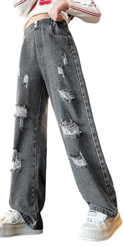 Adigau Jeans Mädchen Ripped Löche Denim Hose Baggy Cargo Hose Elastisch Hohe Taille Weitem Bein Jeans Hose Streetwear D1 10-11 Jahre von Adigau