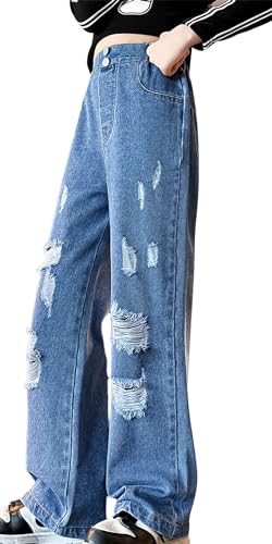 Adigau Jeans Mädchen Ripped Löche Denim Hose Baggy Cargo Hose Elastisch Hohe Taille Weitem Bein Jeans Hose Streetwear D2 13-14 Jahre von Adigau