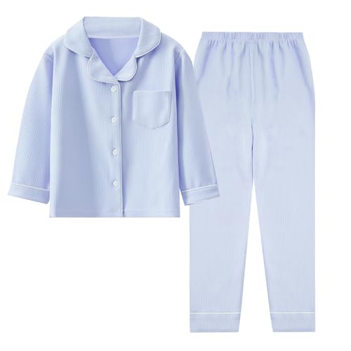 Adigau Jungen Mädchen Pyjamas Set Zwei Stück Lange Loungewear Set Lässige Elastische Taille Nachtwäsche Outfits Blau 130-140 von Adigau