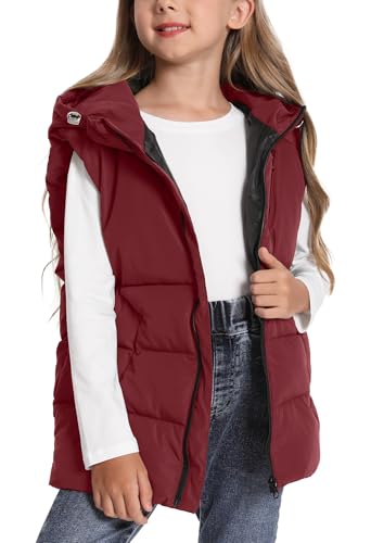 Adigau Jungen Mädchen Winterweste Stehkragen Weich Steppweste Winddichte Einfarbig Pufferweste Warme Ärmellos Kapuzenjacke Rot 8-9 Jahre von Adigau