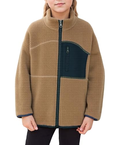 Adigau Jungen Teddy Fleecejacke Winddichte Warme Mäntel Leichte Weich Outdoorjacke Einfarbig Stehkragen Oberbekleidung Braun 5-6 Jahre von Adigau