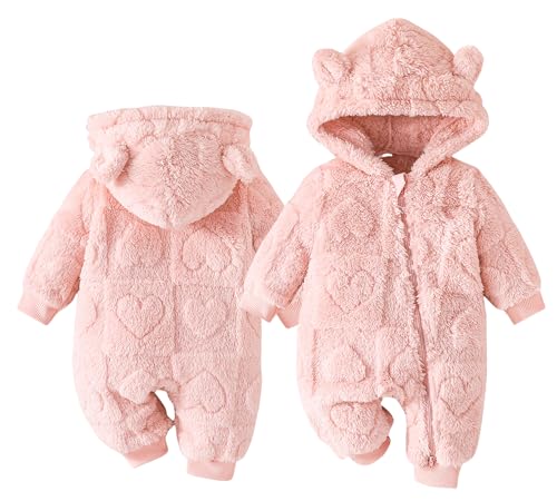 Adigau Kinder Baby Langarm Bequem Schneeanzüge Fleece Herz Muster Kleidung Winter Zip Up Pyjama Reißverschluss Tiere Spielanzug Rosa 12-18 Monate von Adigau