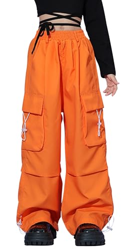Adigau Kinder Cargo Hosen Gummizug Y2K Baggy Hose Verstellbarer Laufen Jogginghose Atmungsaktiv Weich Freizeithose Orange 10-12 Jahre von Adigau
