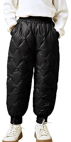 Adigau Kinder Jungen Mädchen Winterhose Leichte Daunen Hose Elastische Hohe Taille Schneehose Winddichte Wasserdicht Warm Hose Schwarz 10-11 Jahre alt von Adigau