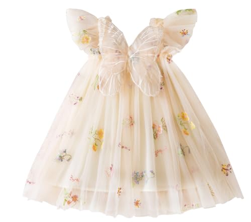 Adigau Kinder Mädchen Prinzessin Kleid Schmetterling Tüll Ballkleid Ärmellos Fotoshooting Kleider Weich A-Linie Blumenkleider Champagner 3-4 Jahre von Adigau