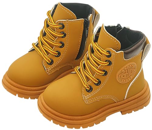 Adigau Kinder Stiefelette Seite Reißverschluss Lace Up Jungen Mädchen Rutschfest Kurze Stiefel Winterstiefel Wasserdicht Schneestiefel Trekking Winterschuhe A-Gelb 24 von Adigau