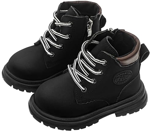 Adigau Kinder Stiefelette Seite Reißverschluss Lace Up Jungen Mädchen Rutschfest Kurze Stiefel Winterstiefel Wasserdicht Schneestiefel Trekking Winterschuhe A-Schwarz 23 von Adigau