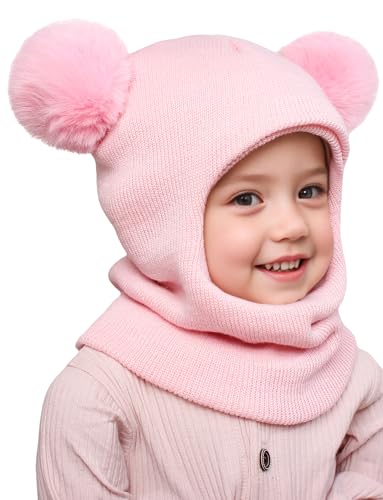 Adigau Kinder Wintermütze Beanie Schlupfmütze mit Fleecefutter Warm Mütze Und Schal Set Für Jungen Mädchen Winter Beanie Mit Ohrenklappen Beanie Strickmütze Rosa von Adigau