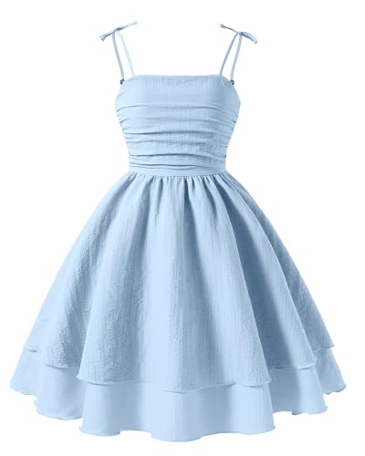 Adigau Kleid für Mädchen Ärmelloses Spaghettiträger Sonnenkleid Solide Geburtstag Kleider A-Linien Strand Sommerkleid Blau 11 Jahre von Adigau