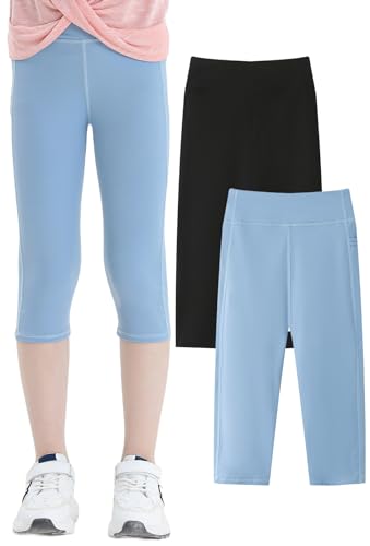 Adigau Leggings Mädchen 3/4 Radlerhose Kinder Kurze Hose Hohe Elastische Taille Kinder Stretchhose Sporthosen Fitness 2er-Pack B4 8-9 Jahre von Adigau