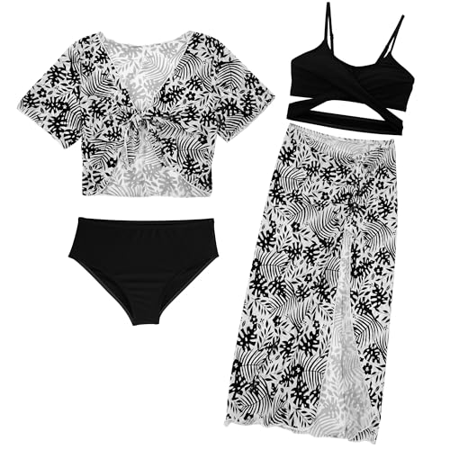 Adigau Mädchen Badeanzug Hawaii Blumen 4 Stück Bikini Set mit Cover Up und Rock Kinder Schwimmen Kostüm Surfen Bademode für 8-12Jahre UPF50+ Sommer Urlaub tropisch Strand von Adigau