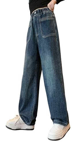Adigau Mädchen Jean Hosen Hohe Elastische Taille Kinder Denim Hose Weitem Bein Jeanshose Streetwear mit Taschen Stil 1 10-11 Jahre von Adigau