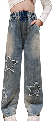 Adigau Mädchen Jean Hosen Kinder Denim Vintage Hose mit Weitem Bein Pants Hohe Elastische Taille Casual Denim Jeans Fashion Washed Trouser B1 10-11 Jahre von Adigau