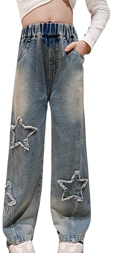 Adigau Mädchen Jean Hosen Kinder Denim Vintage Hose mit Weitem Bein Pants Hohe Elastische Taille Casual Denim Jeans Fashion Washed Trouser B1 13-14 Jahre von Adigau