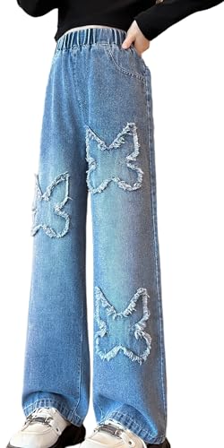 Adigau Mädchen Jean Hosen Kinder Denim Vintage Hose mit Weitem Bein Pants Hohe Elastische Taille Casual Denim Jeans Fashion Washed Trouser C1 10-11 Jahre von Adigau