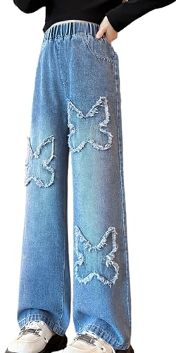 Adigau Mädchen Jean Hosen Kinder Denim Vintage Hose mit Weitem Bein Pants Hohe Elastische Taille Casual Denim Jeans Fashion Washed Trouser C1 11-12 Jahre von Adigau