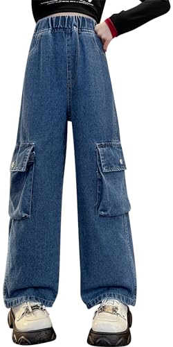 Adigau Mädchen Jeans Baggy Cargo Hoher Taille Straight Jeans Breites Bein Kinder Denim Hose Vintage Streetwear Hose Stil 1 11-12 Jahre von Adigau